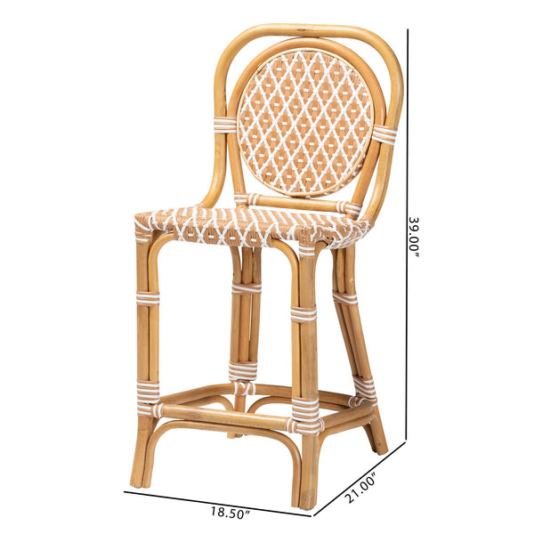 Baxton Studio Bali Mattie Rattan Counter Stool — Handwoven Boho Coastal Bar Seating With Backrest & Footrest Natural Brown/Beige/White Mattie-Rattan-Beige/White-No Arm-CS