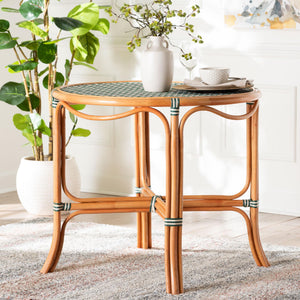Baxton Studio Bali Mattie Rattan Round Bistro Table — Handwoven Coastal Cafe Accent, Compact Indoor/Patio Dining Natural Brown/Green/White Mattie-Rattan-Green/White-DT