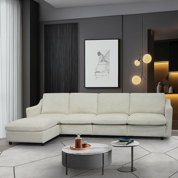 English Elm 4-Seater Modular Cloud Sofa in Beige Fabric with Ottoman, Memory Foam Comfort, Pockets & Pillows W1183S00011