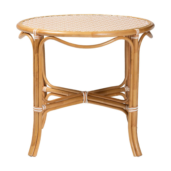 Baxton Studio Bali Mattie Rattan Round Bistro Table — Handwoven Coastal Cafe Accent, Compact Indoor/Patio Dining Natural Brown/Beige/White Mattie-Rattan-Beige/White-DT