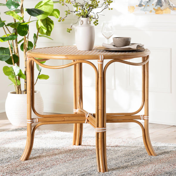 Baxton Studio Bali Mattie Rattan Round Bistro Table — Handwoven Coastal Cafe Accent, Compact Indoor/Patio Dining Natural Brown/Beige/White Mattie-Rattan-Beige/White-DT