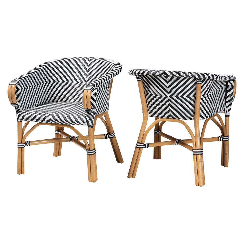 Baxton Studio Bali Handwoven Rattan Bistro Armchair Set Of 2 — Curved Back, Sloping Arms, Indoor/Outdoor Cozy Max-Rattan-Black/White/Natural-Arm-DC