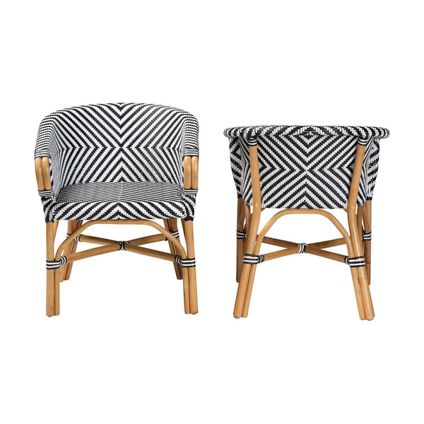 Baxton Studio Bali Handwoven Rattan Bistro Armchair Set Of 2 — Curved Back, Sloping Arms, Indoor/Outdoor Cozy Max-Rattan-Black/White/Natural-Arm-DC