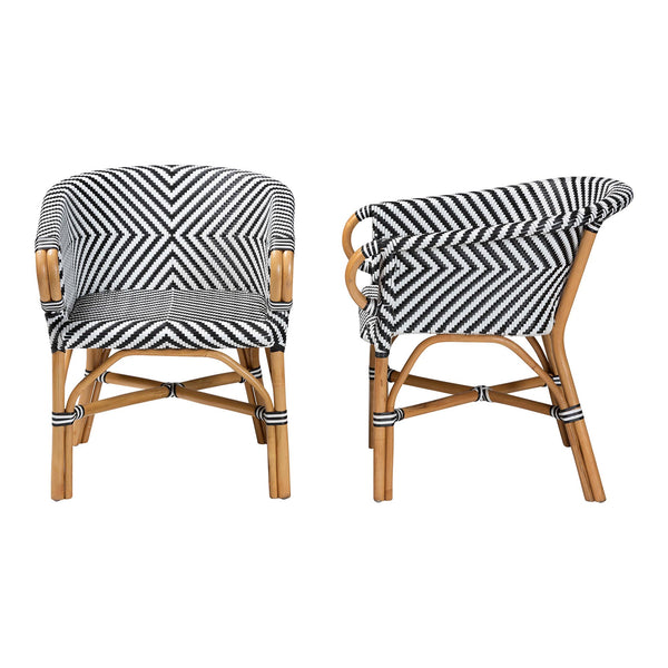 Baxton Studio Bali Handwoven Rattan Bistro Armchair Set Of 2 — Curved Back, Sloping Arms, Indoor/Outdoor Cozy Max-Rattan-Black/White/Natural-Arm-DC