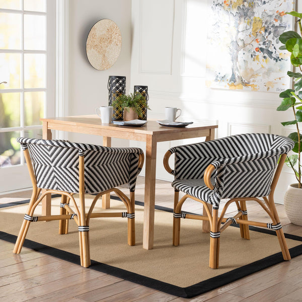 Baxton Studio Bali Handwoven Rattan Bistro Armchair Set Of 2 — Curved Back, Sloping Arms, Indoor/Outdoor Cozy Max-Rattan-Black/White/Natural-Arm-DC