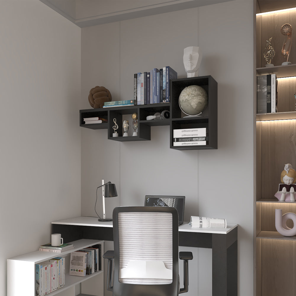 English Elm Wall Shelf Kiowa Black — Modern Engineered Wood Office Organizer, Space-Saving Wall-Mounted Shelf System B092P238739