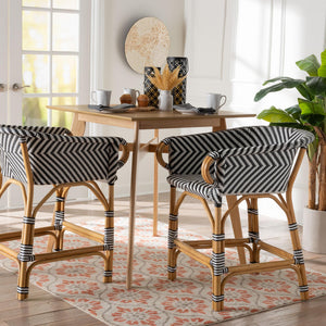 Baxton Studio Bali Max Rattan Bistro Counter Stool — Handwoven Boho Bar Seating, Ergonomic Arms & Footrest Max-Rattan-Black/White/Natural-Arm-CS