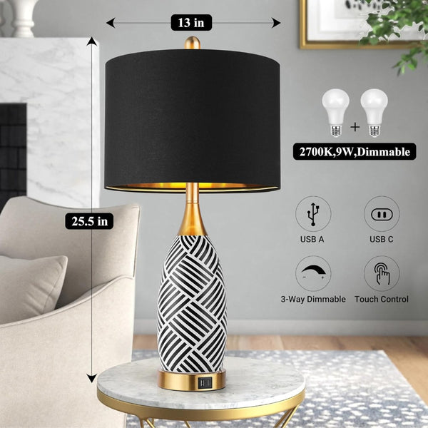 English Elm 25.5" Ceramic Striped Bedside Lamp Set with Touch Dimmer Usb Charging Ports Warm Glow W3355P440679