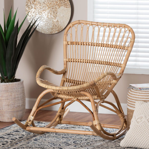 Baxton Studio Bali & Pari Mahin Handwoven Rattan Rocker Boho Coastal Accent Chair for Sunroom DC8005-Light Honey Rattan-RC