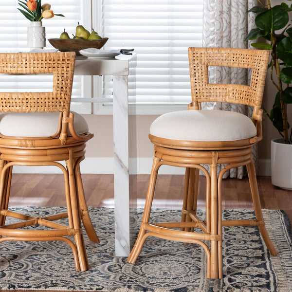 Baxton Studio Bali & Pari Amina Handwoven Rattan Swivel Counter Stool with Cushion for Kitchen Island Amina-Light Honey Rattan-CS