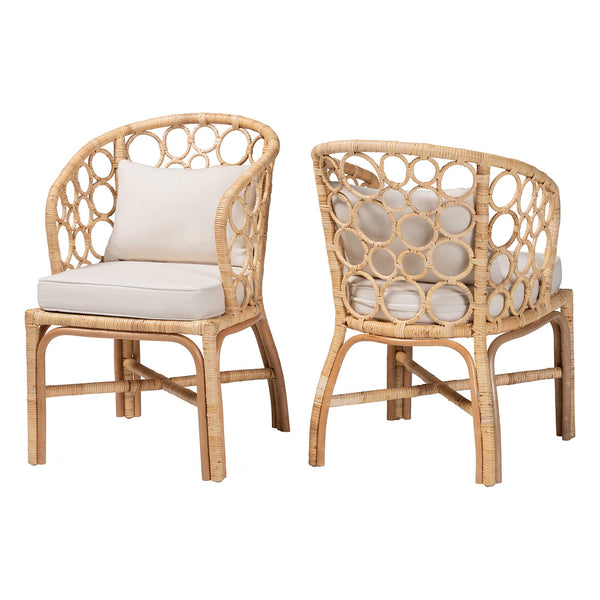 Baxton Studio Bali Prisca Natural Rattan 2-Pc Dining Chairs — Handwoven Bubble-Back, Removable Cushions, Coastal Chic Ariel-Light Honey Rattan-Cushion-DC