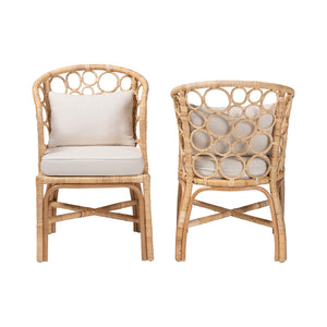 Baxton Studio Bali Prisca Natural Rattan 2-Pc Dining Chairs — Handwoven Bubble-Back, Removable Cushions, Coastal Chic Ariel-Light Honey Rattan-Cushion-DC