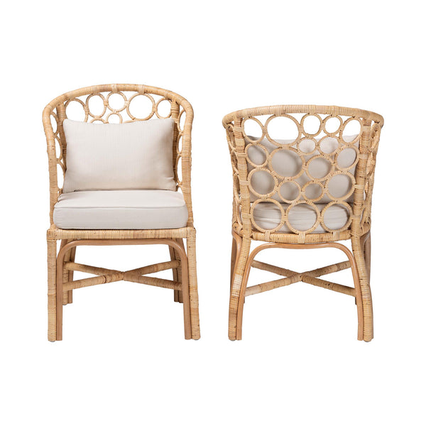 Baxton Studio Bali Prisca Natural Rattan 2-Pc Dining Chairs — Handwoven Bubble-Back, Removable Cushions, Coastal Chic Ariel-Light Honey Rattan-Cushion-DC