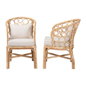 Baxton Studio Bali Prisca Natural Rattan 2-Pc Dining Chairs — Handwoven Bubble-Back, Removable Cushions, Coastal Chic Ariel-Light Honey Rattan-Cushion-DC