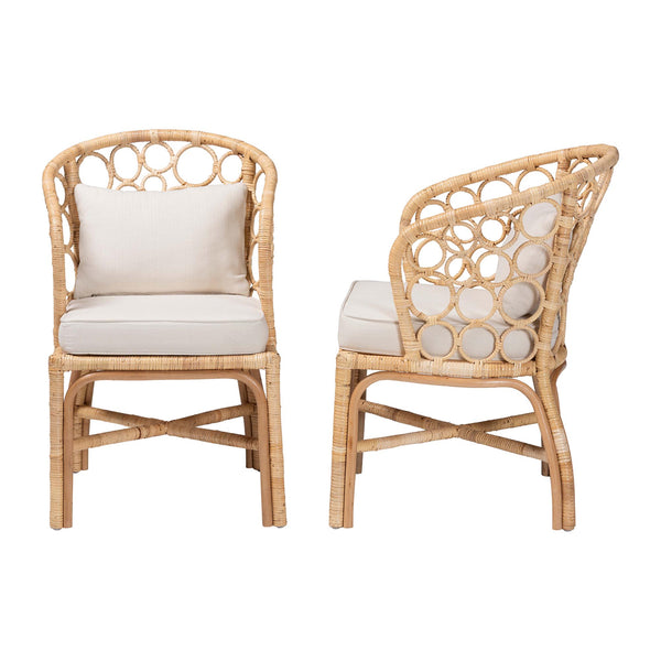 Baxton Studio Bali Prisca Natural Rattan 2-Pc Dining Chairs — Handwoven Bubble-Back, Removable Cushions, Coastal Chic Ariel-Light Honey Rattan-Cushion-DC