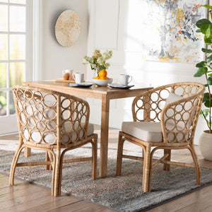 Baxton Studio Bali Prisca Natural Rattan 2-Pc Dining Chairs — Handwoven Bubble-Back, Removable Cushions, Coastal Chic Ariel-Light Honey Rattan-Cushion-DC