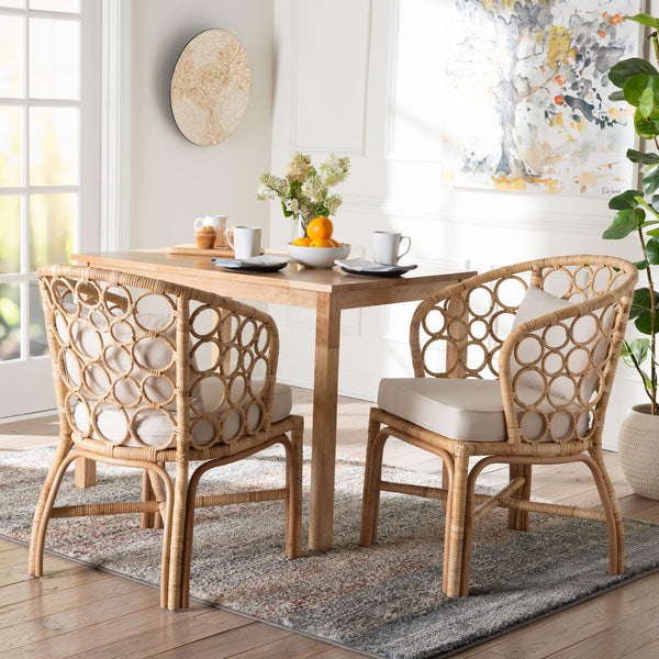 Baxton Studio Bali Prisca Natural Rattan 2-Pc Dining Chairs — Handwoven Bubble-Back, Removable Cushions, Coastal Chic Ariel-Light Honey Rattan-Cushion-DC