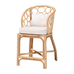 Baxton Studio Bali Prisca Natural Rattan Counter Stool With Bubble Frame Back, Removable Cushion, Handwoven Comfort Ariel-Light Honey Rattan-Cushion-CS