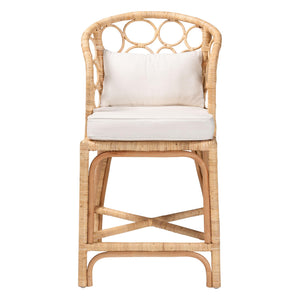 Baxton Studio Bali Prisca Natural Rattan Counter Stool With Bubble Frame Back, Removable Cushion, Handwoven Comfort Ariel-Light Honey Rattan-Cushion-CS