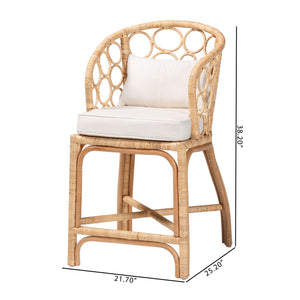 Baxton Studio Bali Prisca Natural Rattan Counter Stool With Bubble Frame Back, Removable Cushion, Handwoven Comfort Ariel-Light Honey Rattan-Cushion-CS