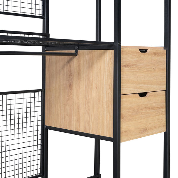 English Elm Open-Style Wardrobe Storage System with Heavy-Duty Metal Frame, Rails, Shelves & Drawers - Sleek Durable Design for Organized Living Black SF000087AAB