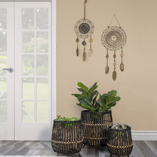 English Elm S/3 Bamboo Footed Planters Matte Black Finish Graduated Sizes for Modern Interiors B079106810