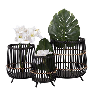 English Elm S/3 Bamboo Footed Planters Matte Black Finish Graduated Sizes for Modern Interiors B079106810