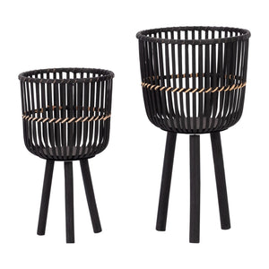English Elm S/2 Bamboo Footed Planters Matte Black Tapered Sculptural Indoor Organic Modern Decor B079106811