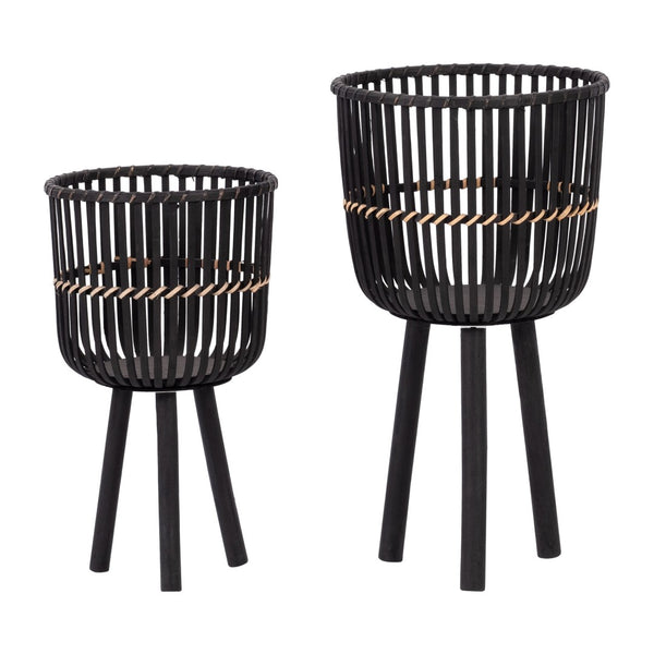English Elm S/2 Bamboo Footed Planters Matte Black Tapered Sculptural Indoor Organic Modern Decor B079106811