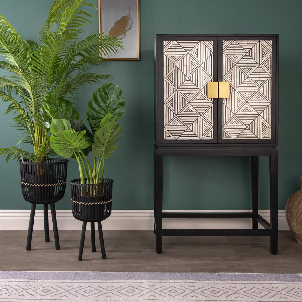 English Elm S/2 Bamboo Footed Planters Matte Black Tapered Sculptural Indoor Organic Modern Decor B079106811