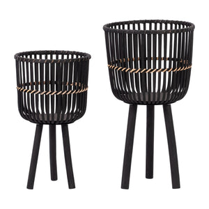 English Elm S/2 Bamboo Footed Planters Matte Black Tapered Sculptural Indoor Organic Modern Decor B079106811