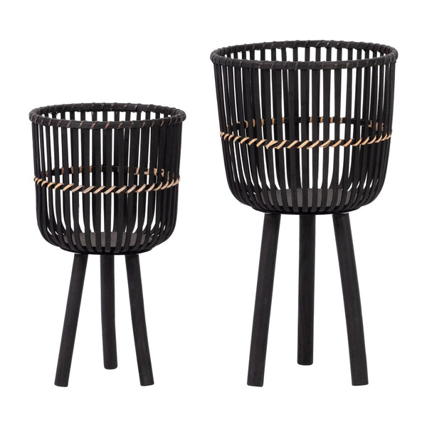 English Elm S/2 Bamboo Footed Planters Matte Black Tapered Sculptural Indoor Organic Modern Decor B079106811