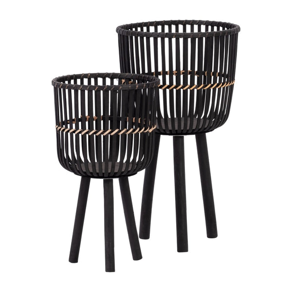 English Elm S/2 Bamboo Footed Planters Matte Black Tapered Sculptural Indoor Organic Modern Decor B079106811