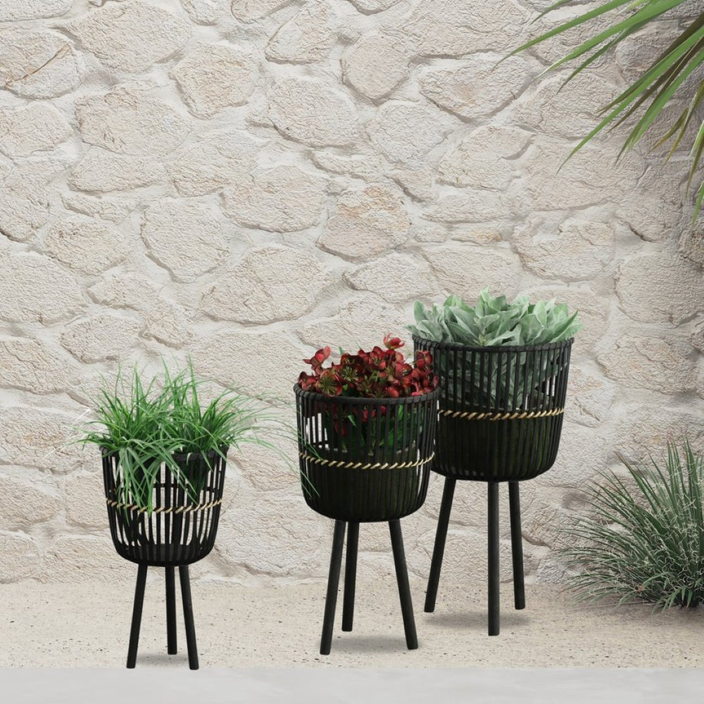 English Elm S/3 Black Bamboo Footed Planters Sculptural Organic Set for Indoor Outdoor Decor B079106812