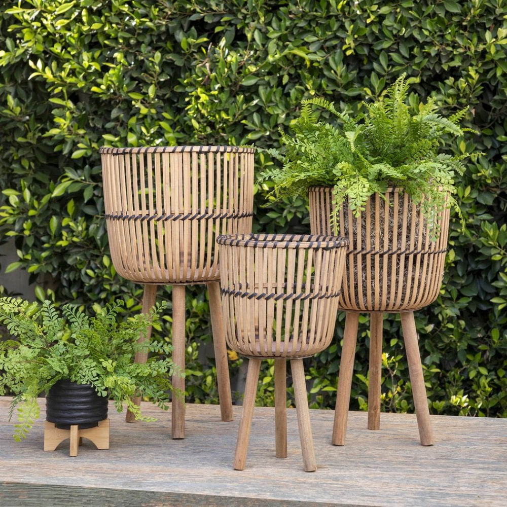 English Elm S/3 Bamboo Footed Planter Set Graduated Sizes Organic Indoor Outdoor Decor B079106813