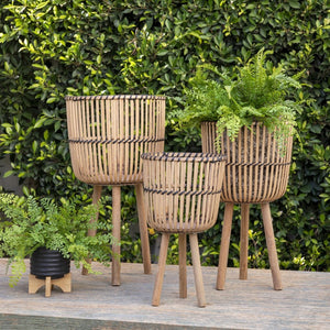 English Elm S/3 Bamboo Footed Planter Set Graduated Sizes Organic Indoor Outdoor Decor B079106813