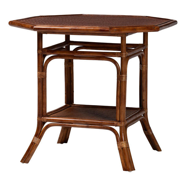 Baxton Studio Bali Jayanti Marbled Tortoise Rattan Dining Table — Handwoven Octagonal Bistro W/ Open Shelf, Seats 4 WS211-Tortoise-Rattan-DT