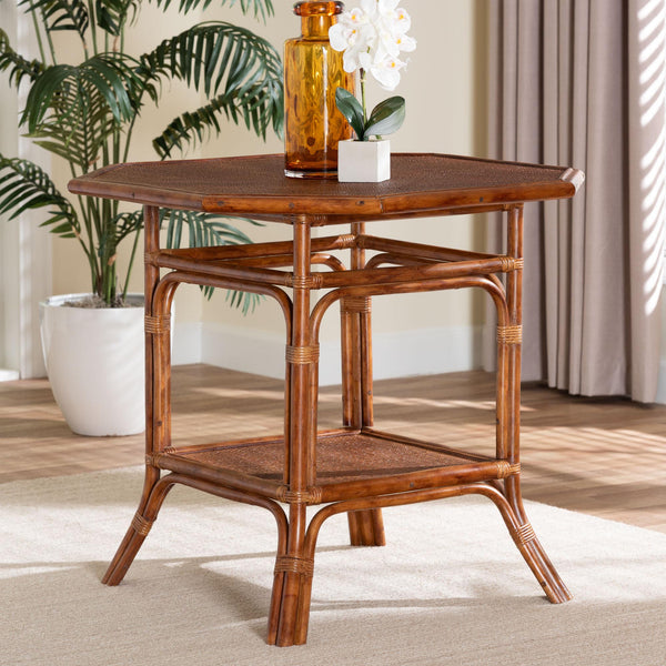Baxton Studio Bali Jayanti Marbled Tortoise Rattan Dining Table — Handwoven Octagonal Bistro W/ Open Shelf, Seats 4 WS211-Tortoise-Rattan-DT