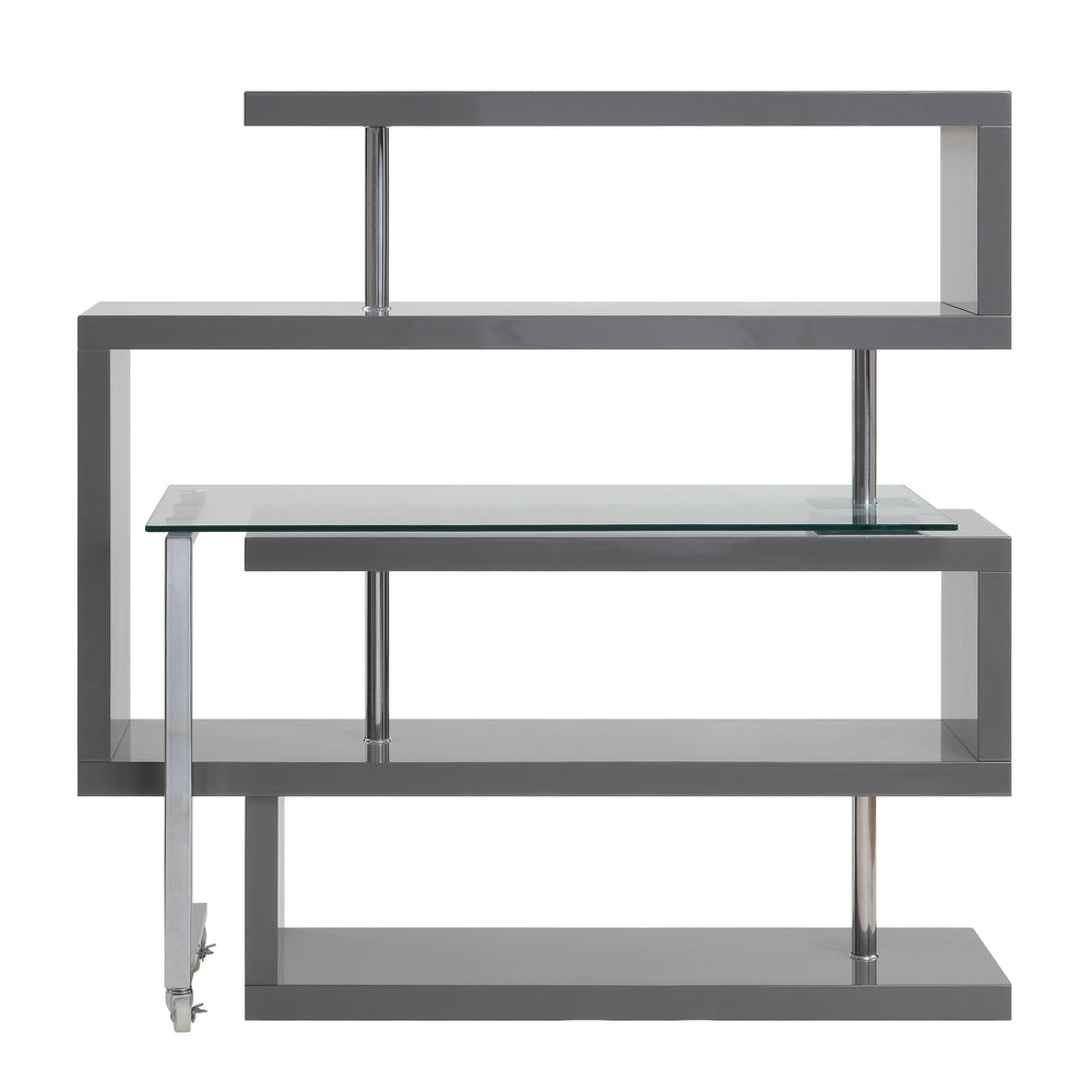 English Elm Buck Modern Buck Glass Writing Desk with Chrome High-Gloss Frame, 360° Swivel, Shelves & Wheels Gray 51 L x 28 W x 4.5 H B2726S00027