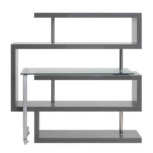 English Elm Buck Modern Buck Glass Writing Desk with Chrome High-Gloss Frame, 360° Swivel, Shelves & Wheels Gray 51 L x 28 W x 4.5 H B2726S00027