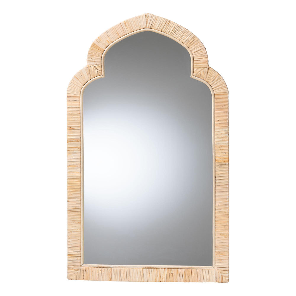 Baxton Studio Bali Plautilla Natural Rattan Arched Wall Mirror — Handwrapped Mahogany Frame, Coastal Boho Accent (40") WS227-Natural-Rattan/Wooden-Mirror-Boxed