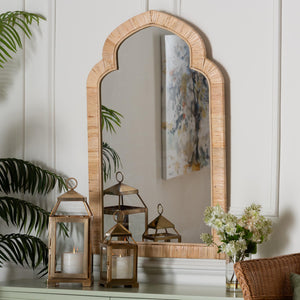 Baxton Studio Bali Plautilla Natural Rattan Arched Wall Mirror — Handwrapped Mahogany Frame, Coastal Boho Accent (40") WS227-Natural-Rattan/Wooden-Mirror-Boxed