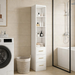 English Elm 15.75x85.04inch White Slim Tower Cabinet Four Shelves Three Drawers Bedroom Bath W5290P457931