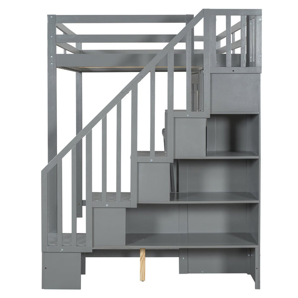 English Elm Full Over Murphy Bunk Bed with Hydraulic Lift Desk and Staircase Storage Gray LP200698AAE