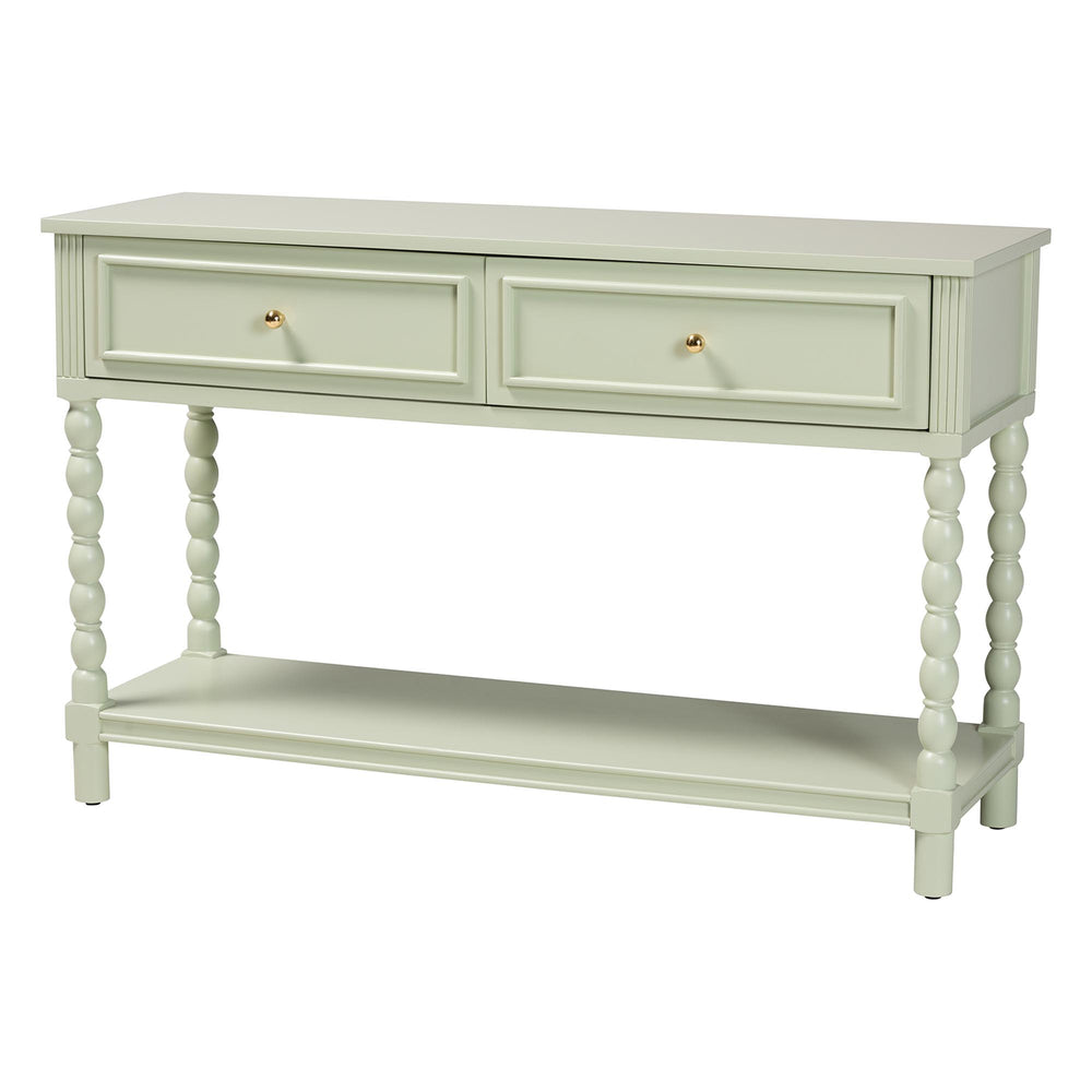 Baxton Studio Bali Karnia Console Table With Spindle Legs, 2-Drawer Solid Java Hardwood Accent Table, Ready-To-Use Karnia-Green-Wooden-Console Table