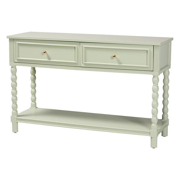 Baxton Studio Bali Karnia Console Table With Spindle Legs, 2-Drawer Solid Java Hardwood Accent Table, Ready-To-Use Karnia-Green-Wooden-Console Table