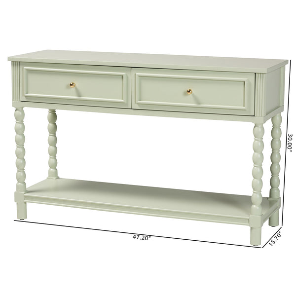 Baxton Studio Bali Karnia Console Table With Spindle Legs, 2-Drawer Solid Java Hardwood Accent Table, Ready-To-Use Karnia-Green-Wooden-Console Table