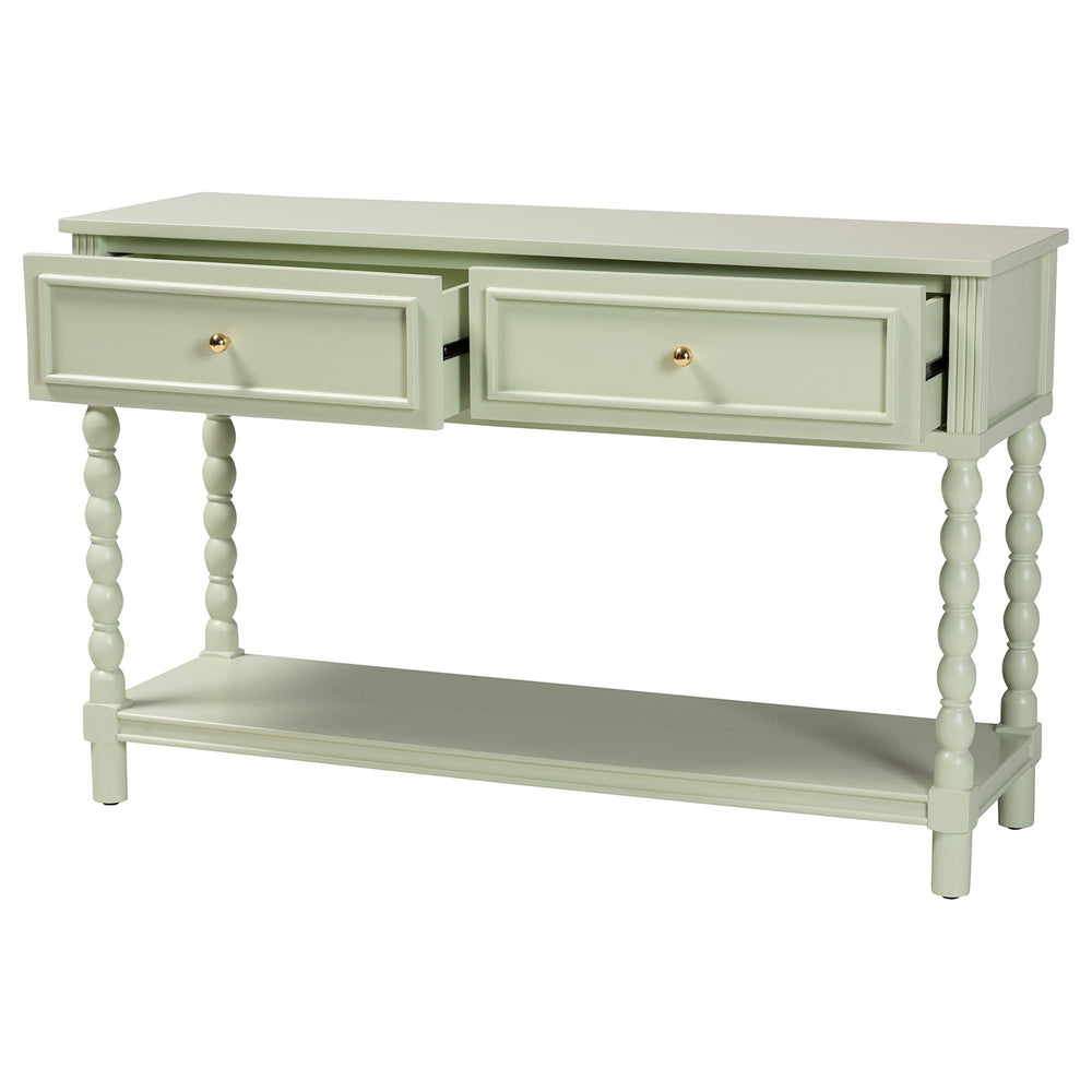 Baxton Studio Bali Karnia Console Table With Spindle Legs, 2-Drawer Solid Java Hardwood Accent Table, Ready-To-Use Karnia-Green-Wooden-Console Table
