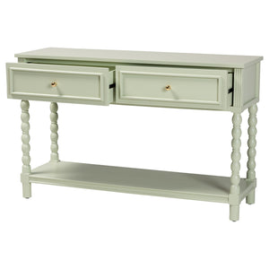 Baxton Studio Bali Karnia Console Table With Spindle Legs, 2-Drawer Solid Java Hardwood Accent Table, Ready-To-Use Karnia-Green-Wooden-Console Table