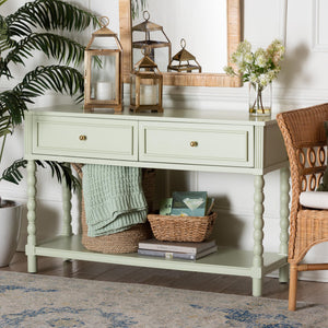 Baxton Studio Bali Karnia Console Table With Spindle Legs, 2-Drawer Solid Java Hardwood Accent Table, Ready-To-Use Karnia-Green-Wooden-Console Table